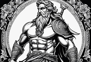 Greek or Roman mythology half sleeve  add some background and other things to make the person full height add background details men god tattoo idea