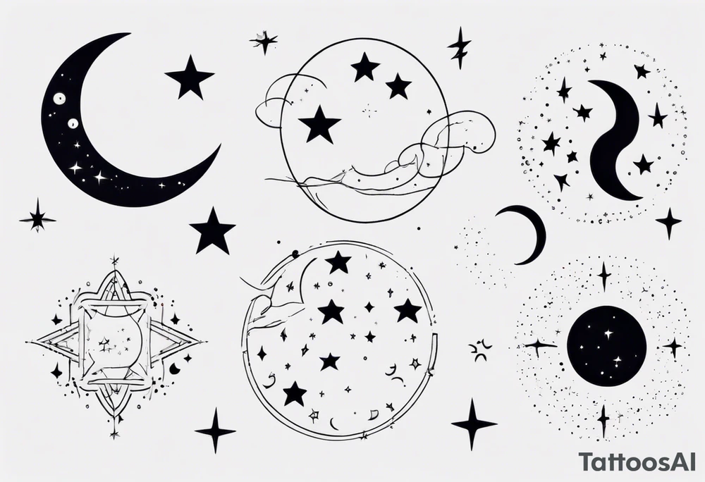 Night sky with moon and stars and constellations tattoo idea