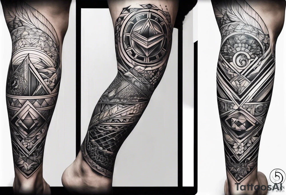 Sea full leg sleeve male geometric tattoo idea