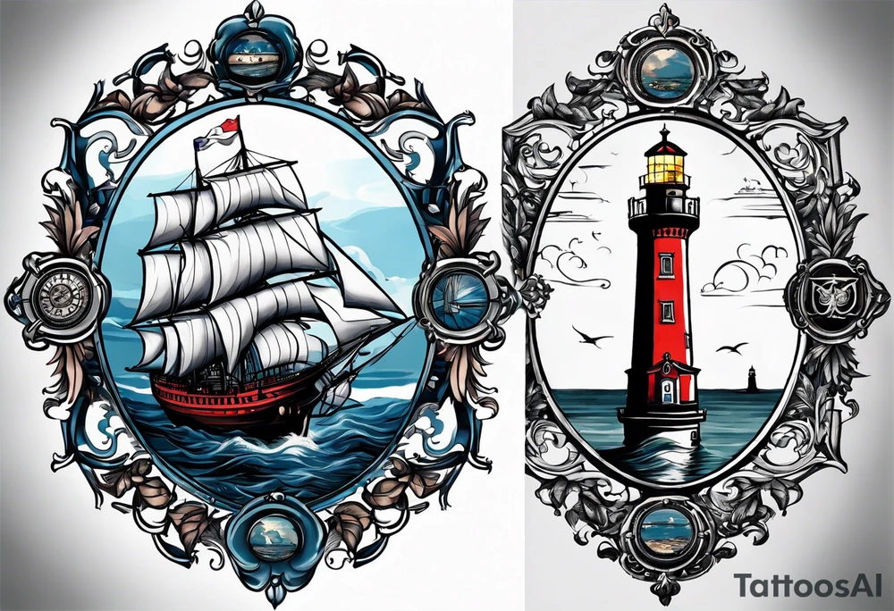 The tattoo represents a harmonious maritime landscape of Odessa: Duke de Richelieu in the center, the steering wheel symbolizing determination, the lighthouse representing hope, and the Potemkin Stairs and the sea reflecting history and freedom. tattoo idea