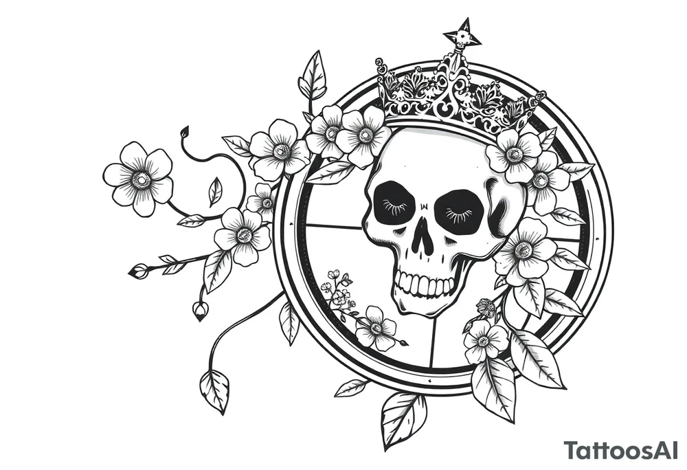 Compass with detailed beautiful gothic boho flowers on vine and skull with gorgeous crown tattoo idea