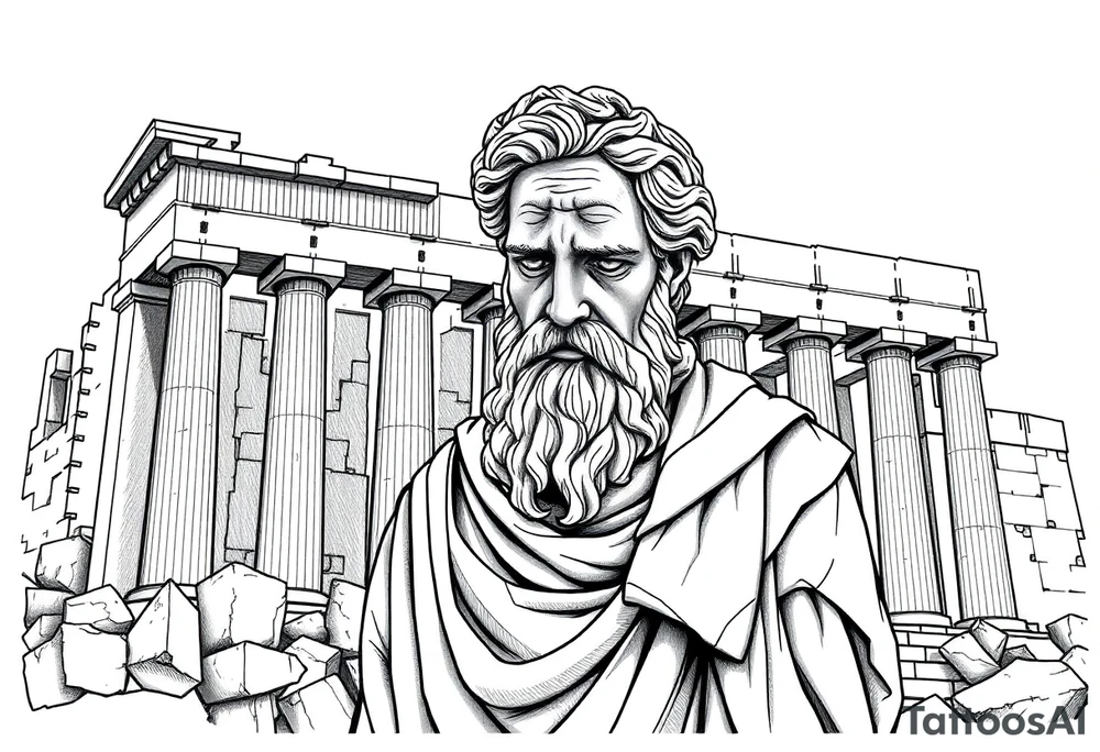 greek philosopher statue with masculine Fram in front of old broken greek buildings tattoo idea