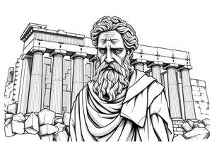 greek philosopher statue with masculine Fram in front of old broken greek buildings tattoo idea