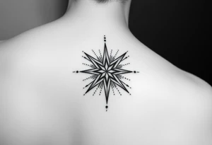 A highly artistic tattoo design with a central focus on a radiant star, symbolizing guidance and empowerment. black and white. small tattoo idea