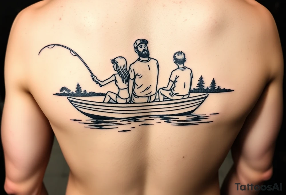Dad fishing with 
1girl and 2 sons
With lake boat tattoo idea