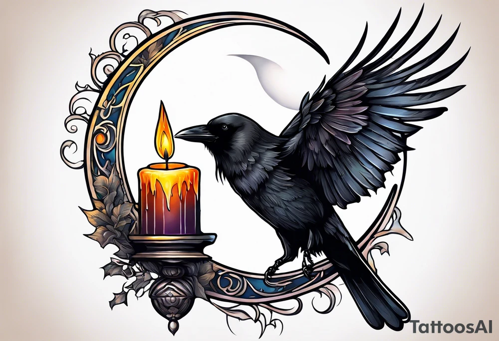 Crow with a candle mid flight with the crescent moon in the background tattoo idea