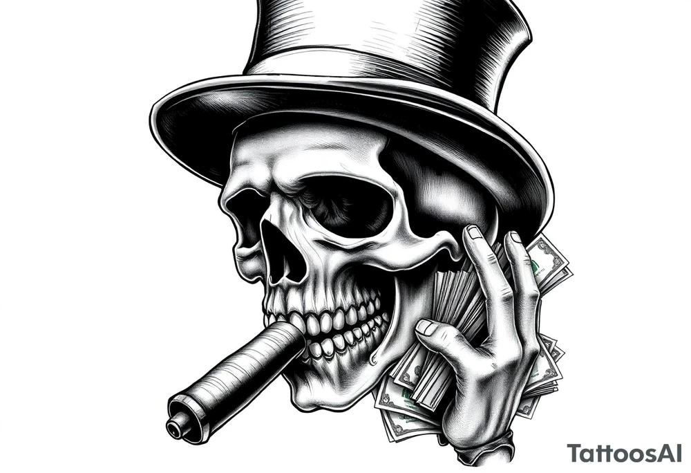 skull with mustache,a big cigar in his mouth,a top-hat on his head and alot of money in a hand. tattoo idea