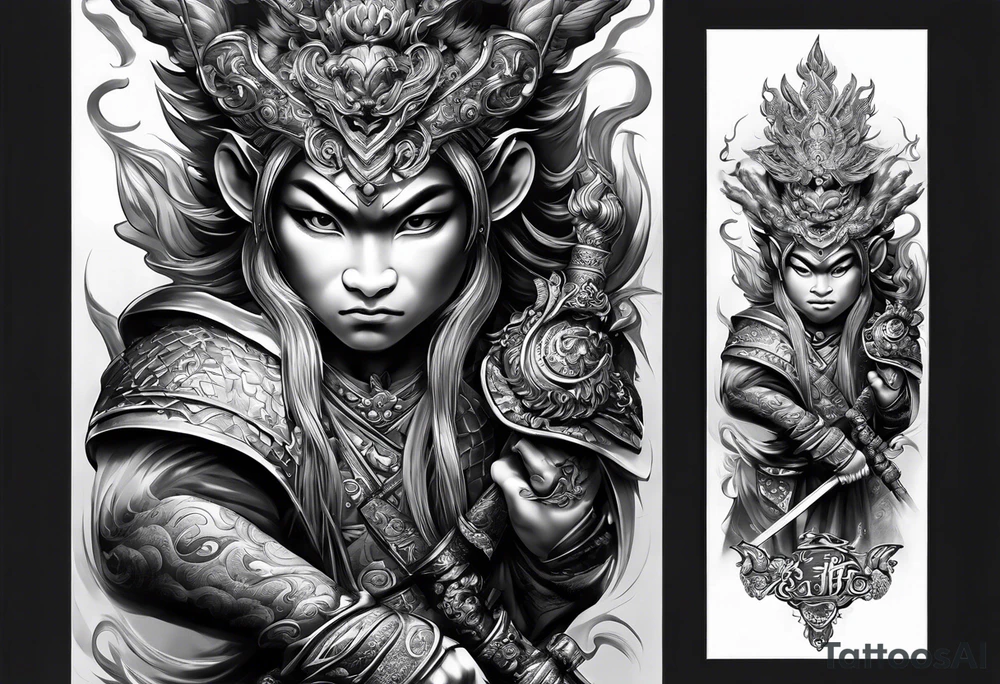 create a full arm sleeve tattoo containing a combinatin of the following; the monkey king with weapon, a japanese dragon, and
 shrouded mother holding a baby tattoo idea