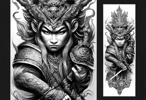 create a full arm sleeve tattoo containing a combinatin of the following; the monkey king with weapon, a japanese dragon, and
 shrouded mother holding a baby tattoo idea