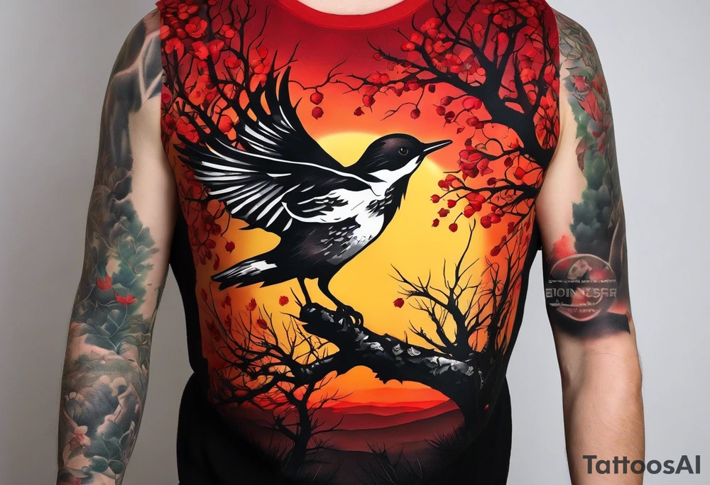 trash polka style. Arm tattoo. Long tattoo. Full sleeve. Shoulder. A single large maple tree with red autumn leaves that branches upwards from wrist to shoulder. White-throated dipper bird on the trees branches. Calluna flowers at the base of the trees stem. Tree stem has dark colors. Red/yellow sunset behind the trees stem. Leaves falling. tattoo idea