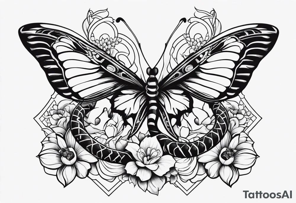 Butterflies with flowers & snake tattoo idea