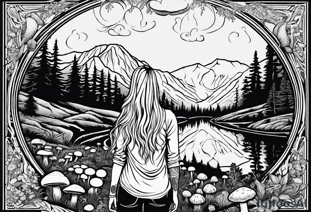 Whole picture encircled fully

Straight long blonde hair hippie girl in distance holding mushrooms in hand facing away toward mountains and creek surrounded by mushrooms long sleeve shirt and hiking pants; whole rendering within a full circle, no cut off circle tattoo idea