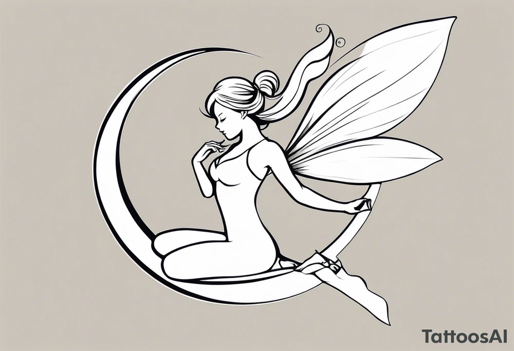 Minimalistic, monochromatic fairy with a tail flying to the left in a fetal position, leaning and looking in the same direction, with visible hands, embodying the 'Fairy Tail' logo aesthetic. tattoo idea