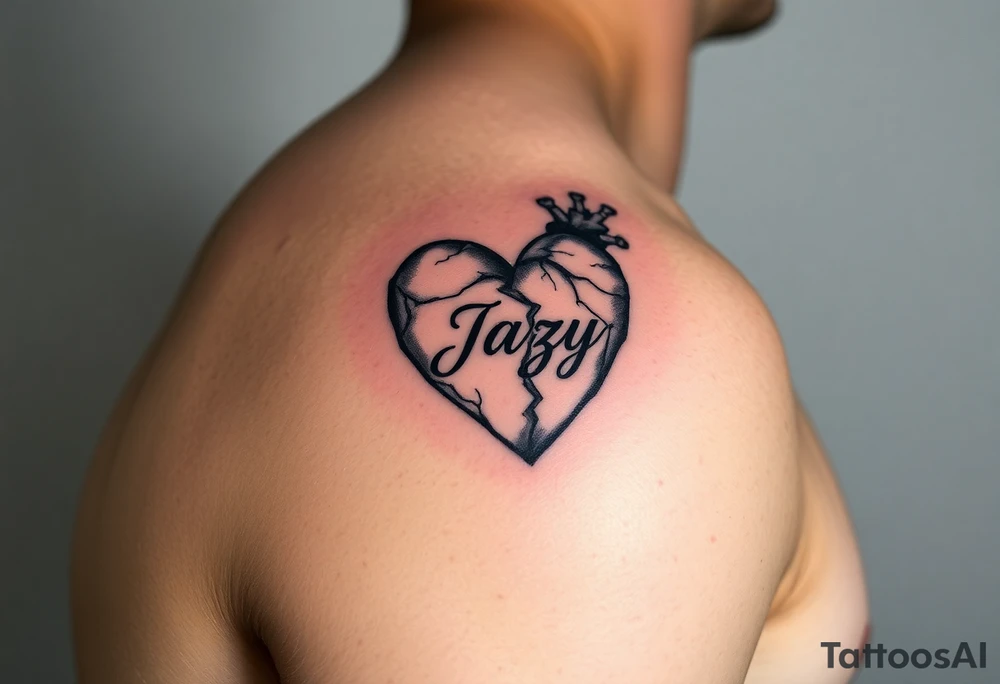 upper arm tattoo -broken heart of a deceased best friend with the name Jazy incorporated tattoo idea