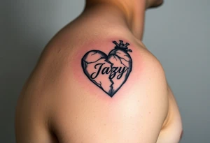 upper arm tattoo -broken heart of a deceased best friend with the name Jazy incorporated tattoo idea