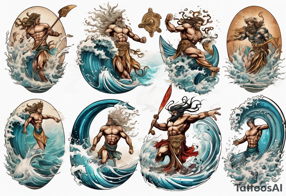 Ancient Greek gods of the sea fighting with surfer tattoo idea