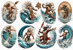 Ancient Greek gods of the sea fighting with surfer tattoo idea