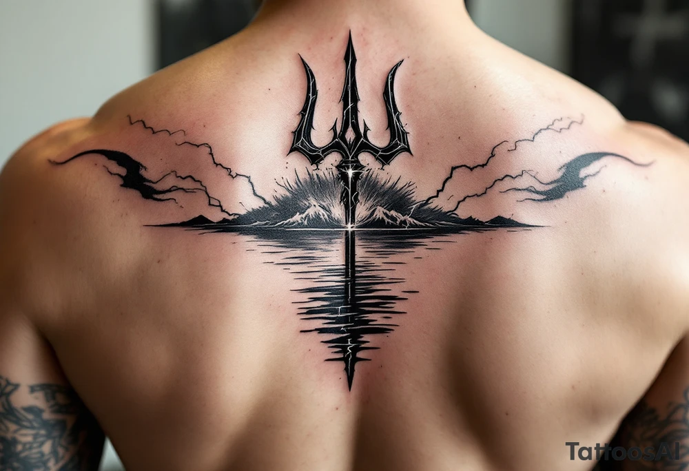 neptune with trident half way in calm water with lightning tattoo idea