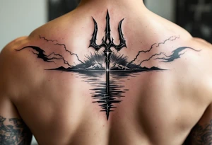 neptune with trident half way in calm water with lightning tattoo idea