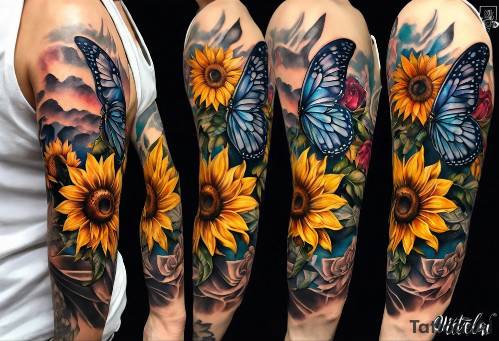 Sleeve with angel wings, sunflower and butterfly tattoo idea