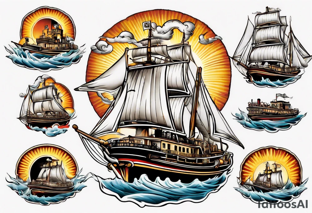steam boat sailing out of the sun tattoo idea