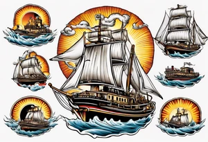 steam boat sailing out of the sun tattoo idea