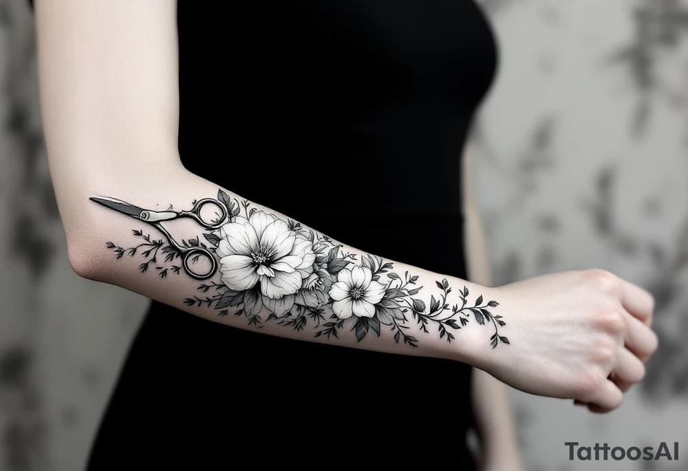 large haircutting scissors going from wrist to elbow with large flowers and vine woven around up and down the arm tattoo idea
