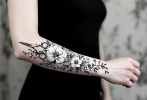 large haircutting scissors going from wrist to elbow with large flowers and vine woven around up and down the arm tattoo idea