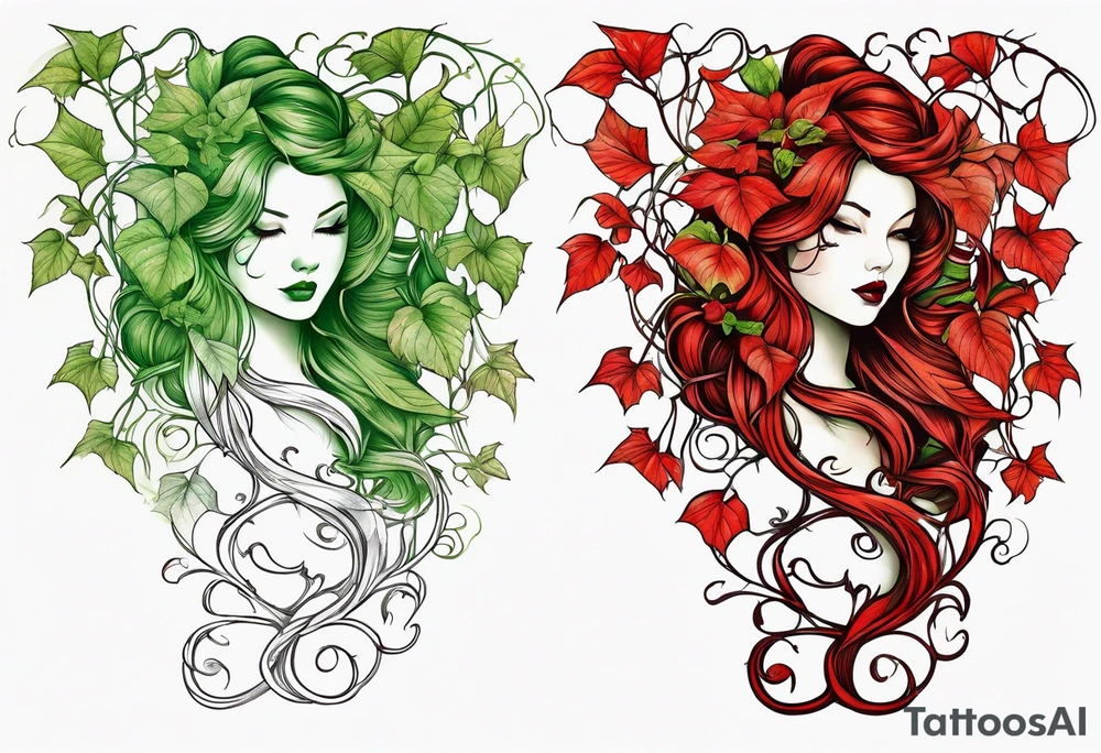 Poison ivy vines with red a green coloration to wrap around leg and hips tattoo idea