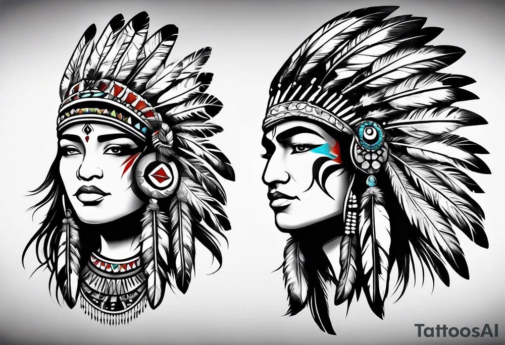 Little featherd Indians, with a little accents, most black and white. tattoo idea