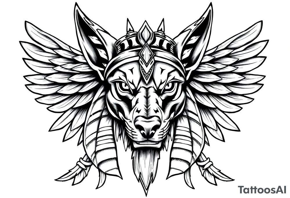 Egyptian Anubis god face muscle in Egypt style  with mantle on head with white eyes 

dog face surrounded Egyptian symbols based on elements tattoo idea