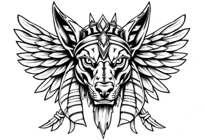 Egyptian Anubis god face muscle in Egypt style  with mantle on head with white eyes 

dog face surrounded Egyptian symbols based on elements tattoo idea