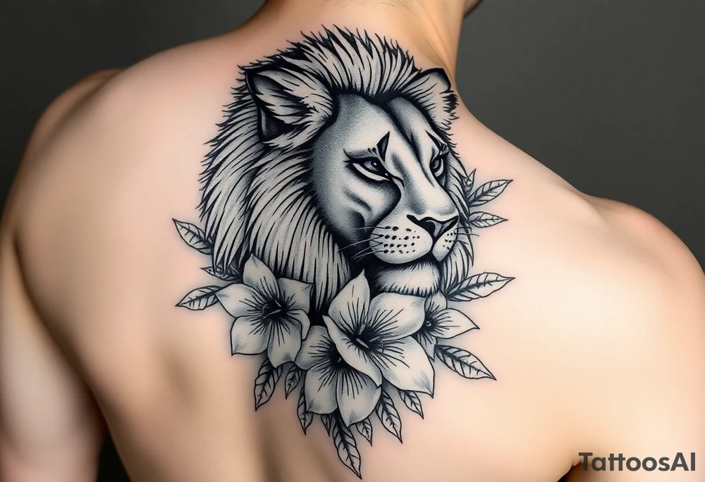 a lioness with frangapanis and fairys arm sleeve tattoo idea