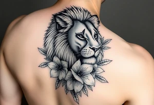 a lioness with frangapanis and fairys arm sleeve tattoo idea