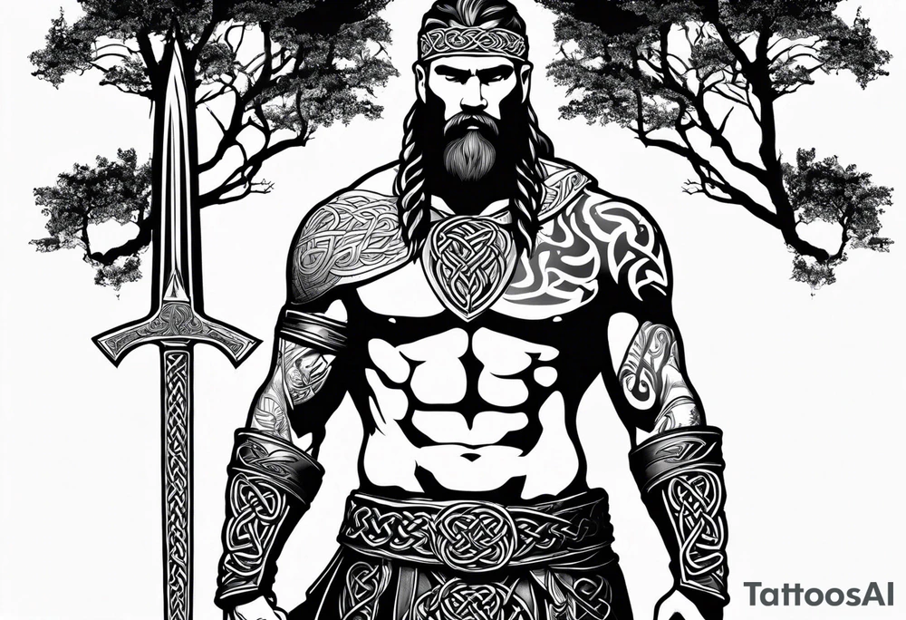 Full body side profile of a Celtic warrior with weapons. Background of trees tattoo idea