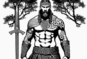 Full body side profile of a Celtic warrior with weapons. Background of trees tattoo idea