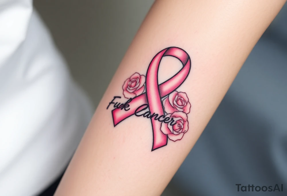 Breast Cancer ribbon that says "Fuck Cancer"with 3 light pink roses tattoo idea