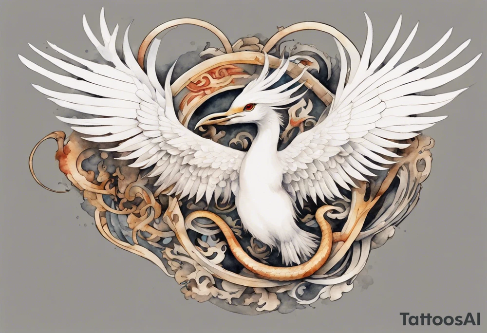 a watercolor of a white bird-serpent hybrid wearing an iron crown, flying tattoo idea