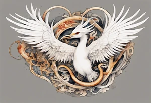 a watercolor of a white bird-serpent hybrid wearing an iron crown, flying tattoo idea