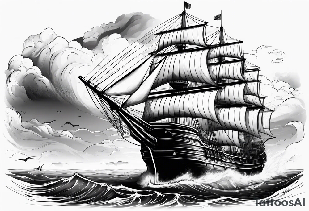 huge dark wooden ship facing left tattoo idea