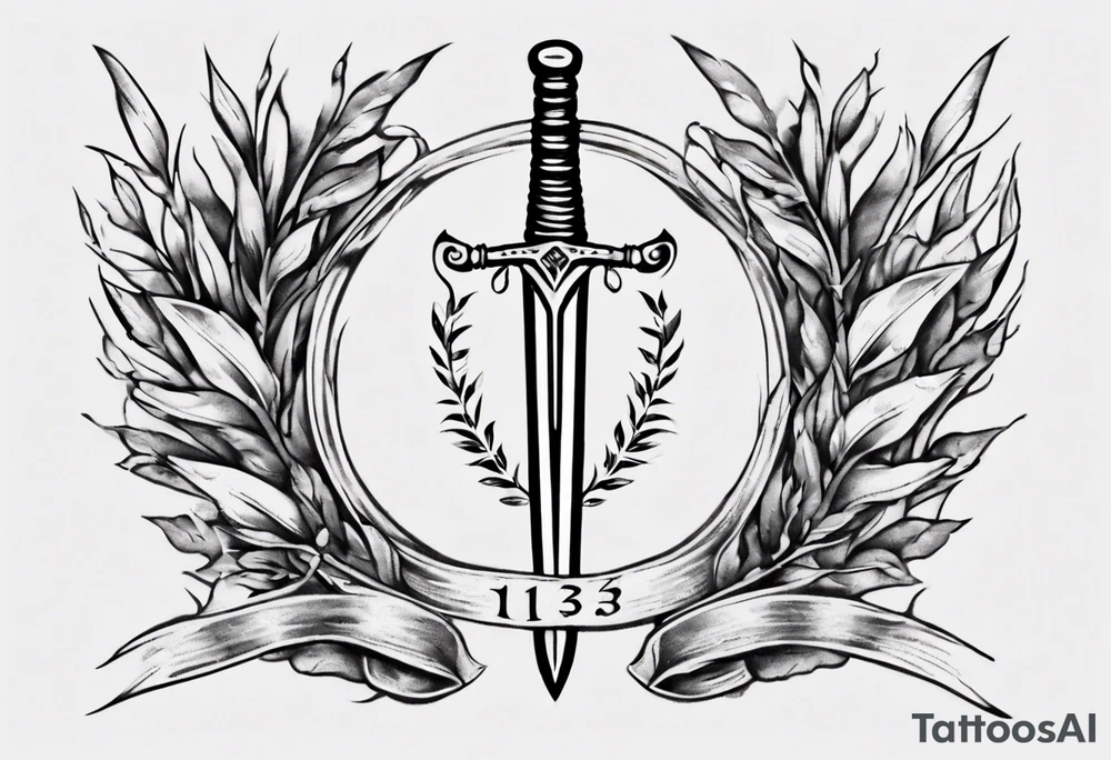 memorial tattoo using number 13, a sword, laurel leaf wreath, amor fati tattoo idea