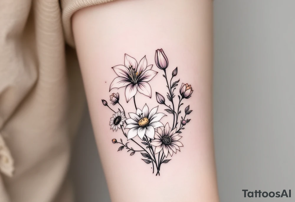 Stargazer lillies with small sunflowers and tulip buds in a dainty wildflower bouquet with stems tattoo idea