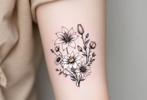 Stargazer lillies with small sunflowers and tulip buds in a dainty wildflower bouquet with stems tattoo idea