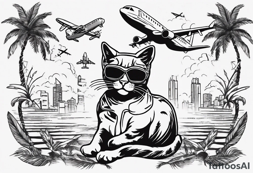 cat in a mask with palm trees and airplanes in the background tattoo idea