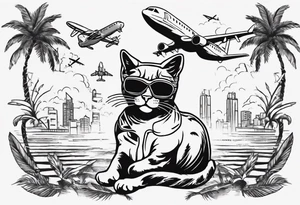cat in a mask with palm trees and airplanes in the background tattoo idea