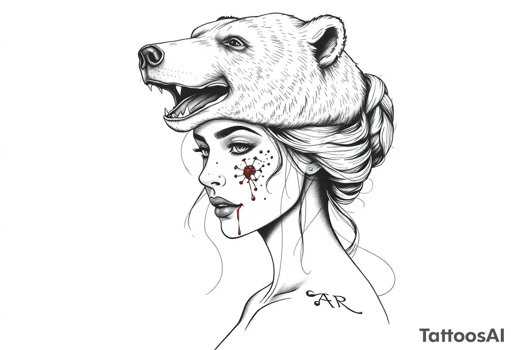Beautiful Woman with battle scars and blood on face wearing dead bear on head tattoo idea
