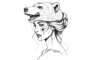 Beautiful Woman with battle scars and blood on face wearing dead bear on head tattoo idea