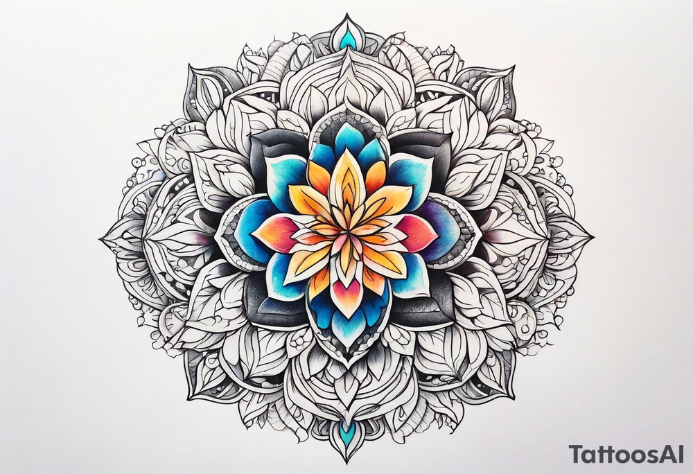 Mandala, botanical, flowers, negative space, colorful tattoo idea