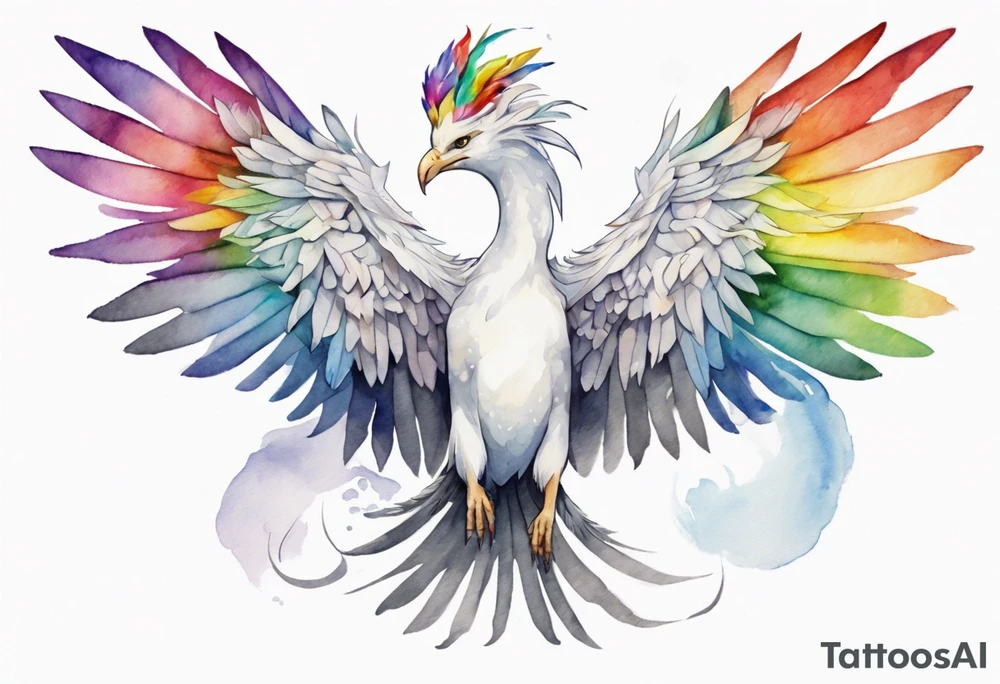 a watercolor of a white bird-serpent hybrid wearing a grey crown, with rainbow wing feathers, flying in the sky tattoo idea
