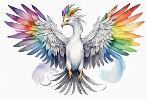 a watercolor of a white bird-serpent hybrid wearing a grey crown, with rainbow wing feathers, flying in the sky tattoo idea